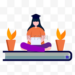 大学季图片_扁平风坐在书上的女学生元素