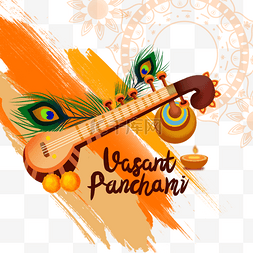 印度节日vasant panchami西塔琴和笔刷