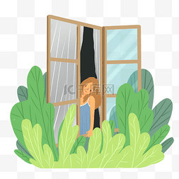 绿女孩图片_关窗户在窗边的开心女孩