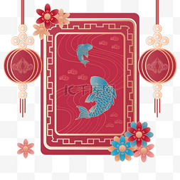 红色中国节日灯笼鲤鱼金色边框
