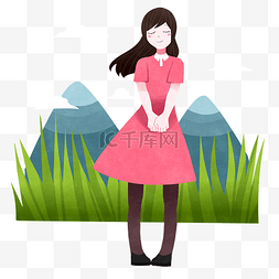 春季郊游卡通图片_春游的红裙子女孩插画
