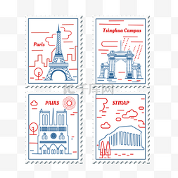 手绘风景建筑邮票