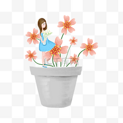 长发小女孩卡通图片_站在花盆上的蓝衣女孩