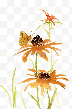 手绘植物淡雅图片_水彩画黄色花朵与蝴蝶
