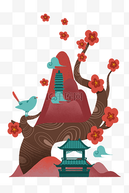 中国式图片_中国式山水装饰红梅吉祥鸟宝塔神