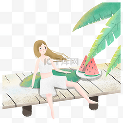 卡通简约海报图片_旅行在海边吃西瓜的女孩