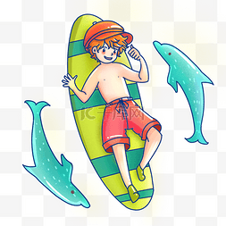 夏季冲浪板上躺着的男孩