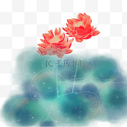 青色花卉图片_中国风水彩手绘荷花红色