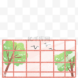 卡通窗户风景图片_红格子窗户免扣图