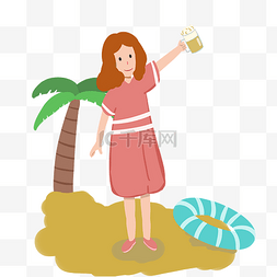 炎热夏季卡通图片_夏天喝啤酒降温的女孩