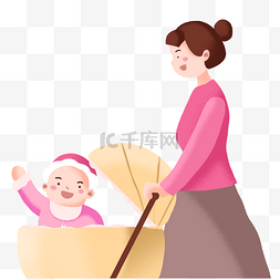 婴儿手推床图片_扁平母婴婴儿母亲推着婴儿车