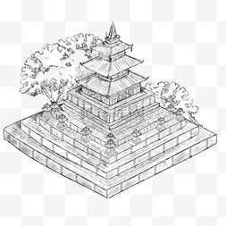 残破的宫殿图片_手绘尼泊尔宫殿广场线描