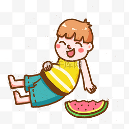 夏季清凉吃西瓜的男孩手绘插画