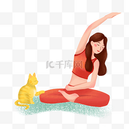 运动的美女图片_和猫咪一起练瑜伽的美女