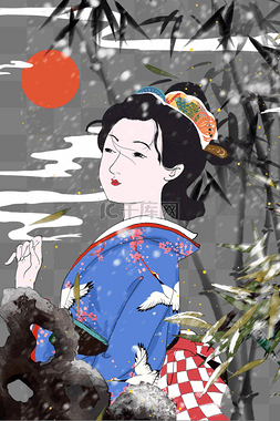 日系浮世绘女人竹子太阳假山云纹