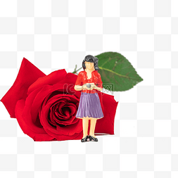 红色小人图片_女神节红玫瑰和微距小人