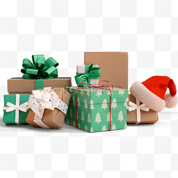 绿色礼盒3d图片_圣诞帽礼盒3d元素