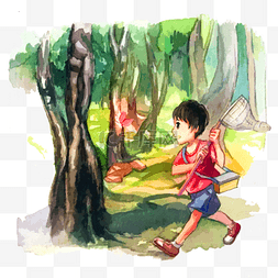 夏日孩童树林捕蝉手绘