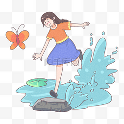 童趣手绘卡通图片_夏天玩水的女孩手绘