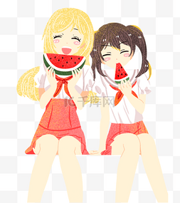 两个水果图片_手绘卡通两个吃西瓜的女孩免扣元