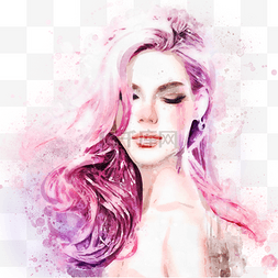粉色水彩女人肖像喷溅插画手绘元