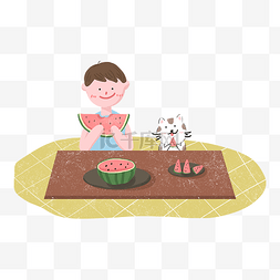 吃西瓜场景图片_夏至夏天二十四节气男孩与猫吃西