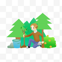 水桶铲子图片_植树节种树男孩插画