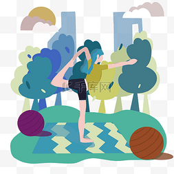 运动风插画图片_春日公园瑜伽锻炼