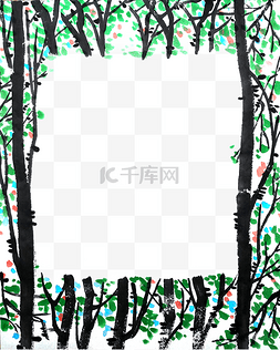 中国绿色山水图片_绿色春天树林国画水墨装饰边框PNG