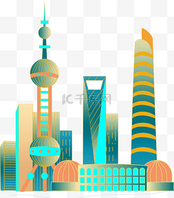 手绘卡通城市建筑群上海旅游地标