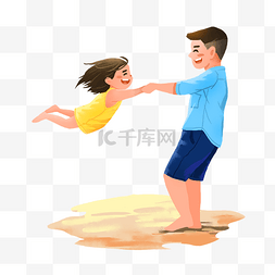 天真童年图片_爸爸和女儿沙滩开心玩耍