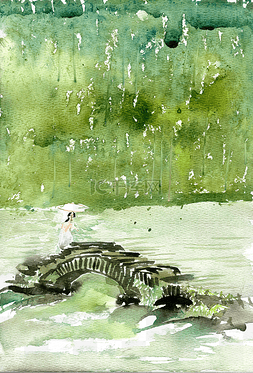 江水素材图片_雨中过桥的女子