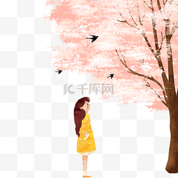 黄色枫叶的图片_卡通女孩和燕子免抠图