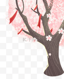 手绘卡通飘带樱花树免扣元素