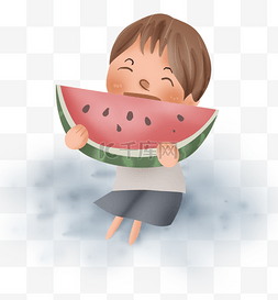 夏季吃西瓜的小男孩