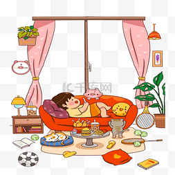 放假男孩宅在家中春节扭秧歌png卡通手绘古装男孩休闲喝茶放假通知