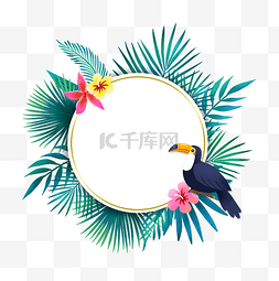 热带植物叶子边框图片_夏季热带植物和鸟类圆形边框