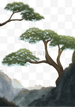 水彩松树图片_手绘山石松树松柏插画