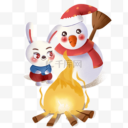 围着篝火的雪人和兔子