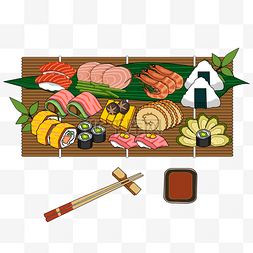 美味肉卷图片_竹席上的美味osechi ryori料理