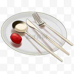 有勺子碟子图片_有番茄装饰的金色餐具