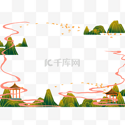 国潮山水边框图片_国潮山水凉亭边框