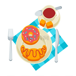 餐厅里的美食图片_早餐插图盘子里的美味糕点和咖啡