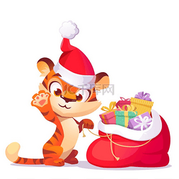 老虎带帽子图片_可爱的老虎戴着圣诞帽，带着礼品
