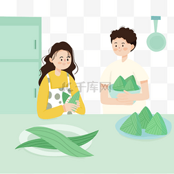 端午节厨房情侣家人绿色制作粽子