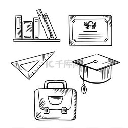主题设计图标图片_毕业文凭和帽子、书包、三角尺和