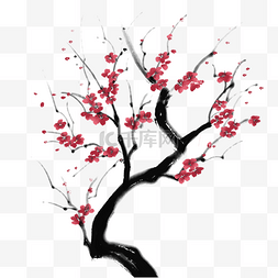 水墨红色梅花树木