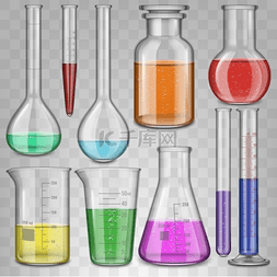 化学器皿玻璃图片_逼真的化学实验室玻璃烧杯、填充