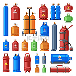 气瓶丙烷氧气和丁烷金属容器圆柱形氦气罐燃料储存气瓶矢量图示图标集设备中的高压压缩气体气瓶丙烷氧气和丁烷金属容器气缸