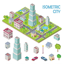 城市建筑景观图片_等距投影中的城市建筑集。